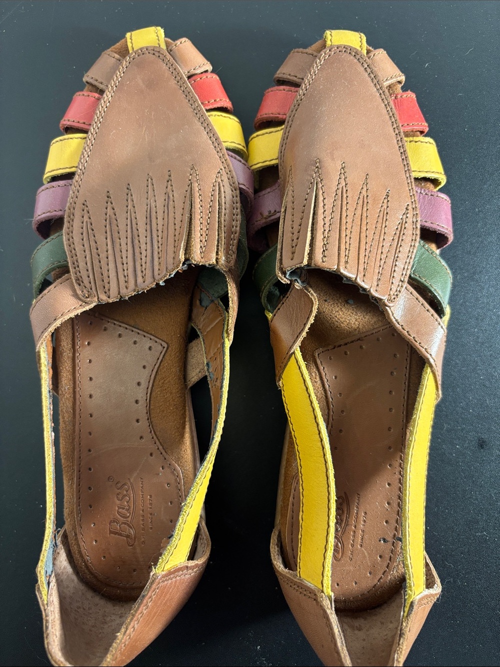 Boss Men's Brown Leather Sandals with Yellow, Red, Green, and Purple Straps